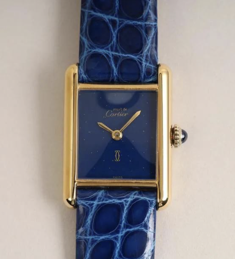 Cartier Tank Vermeil 505701 watch with a blue leather strap and gold-tone rectangular case